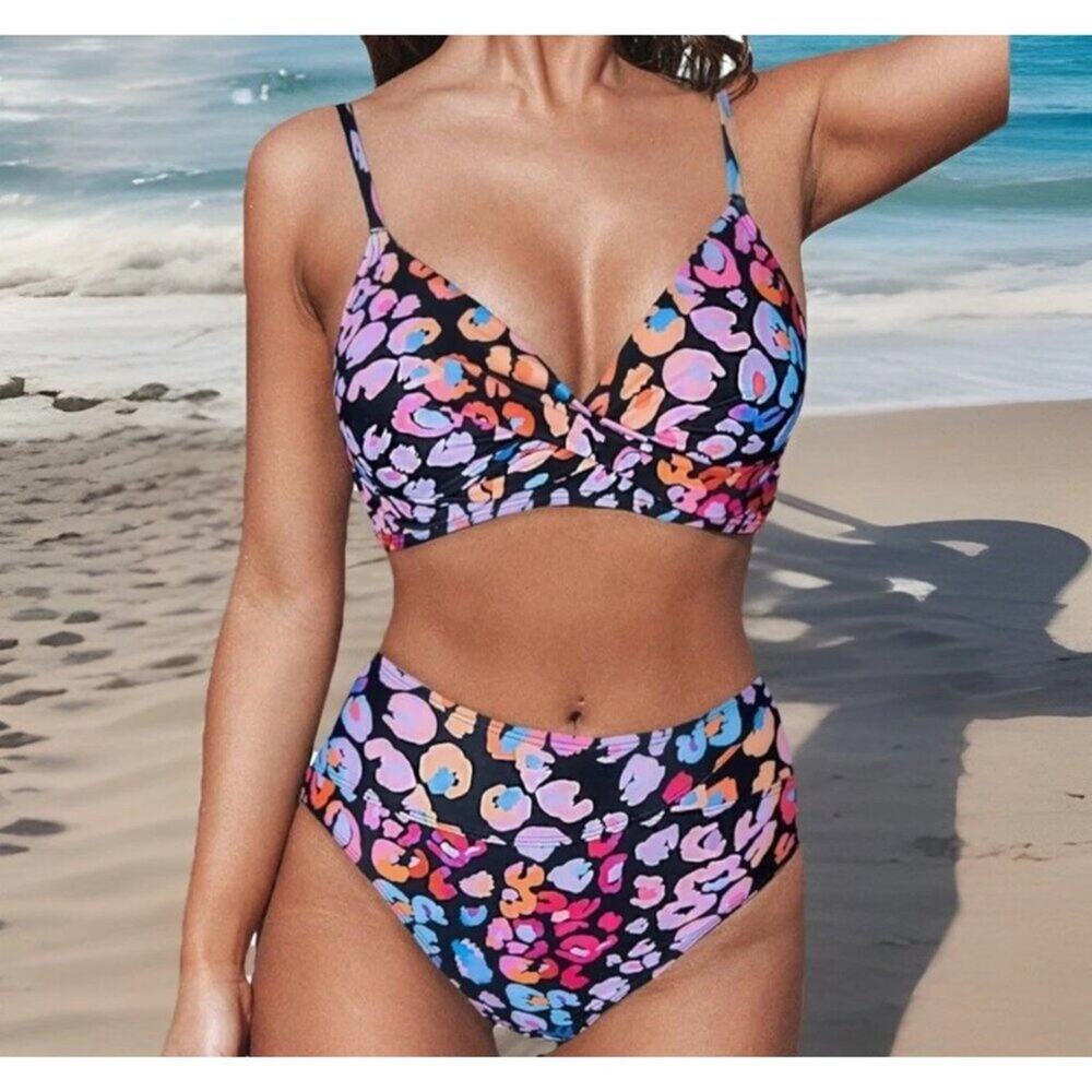 Women CUPSHE 2 Piece Swimsuit Size XXL Black Multicolor Floral High Waist NWT